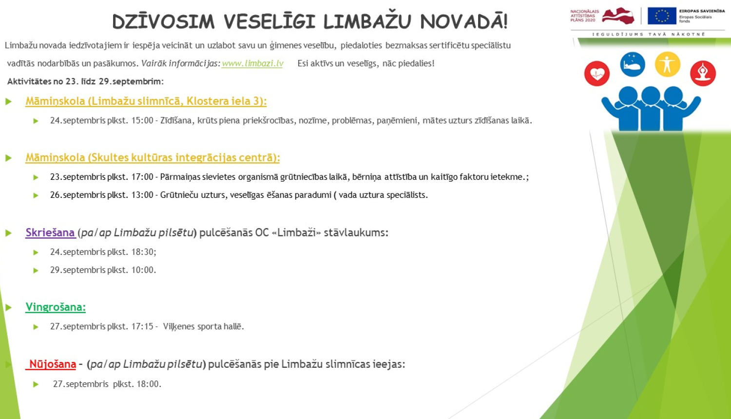 Aicinām šajā nedēļā apmeklēt veselību veicinošas aktivitātes Limbažu novadā
