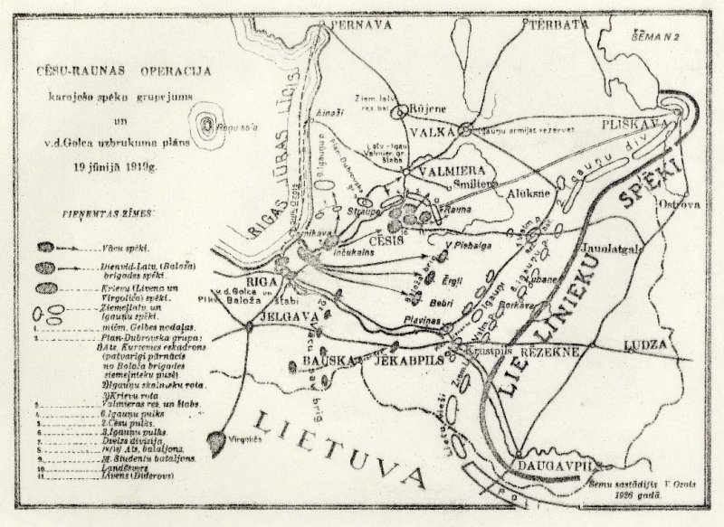 Karte Cēsu - Raunas operācijai 1919.gada 19. jūnijā