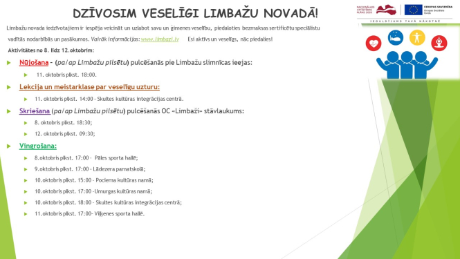 Aicinām šajā nedēļā apmeklēt veselību veicinošas aktivitātes Limbažu novadā