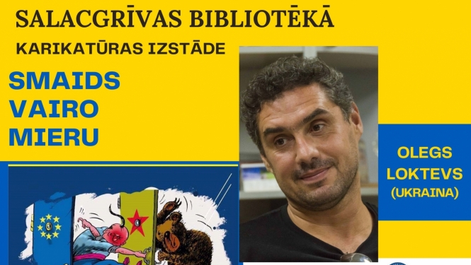 "Smaids vairo mieru" Salacgrīvas bibliotēkā karikatūras izstāde