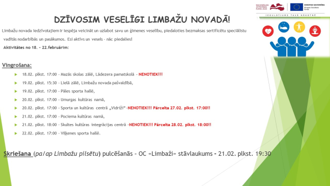 Aicinām šajā nedēļā apmeklēt veselību veicinošas aktivitātes Limbažu novadā