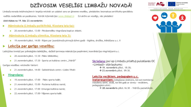 Aicinām šajā nedēļā apmeklēt veselību veicinošas aktivitātes Limbažu novadā
