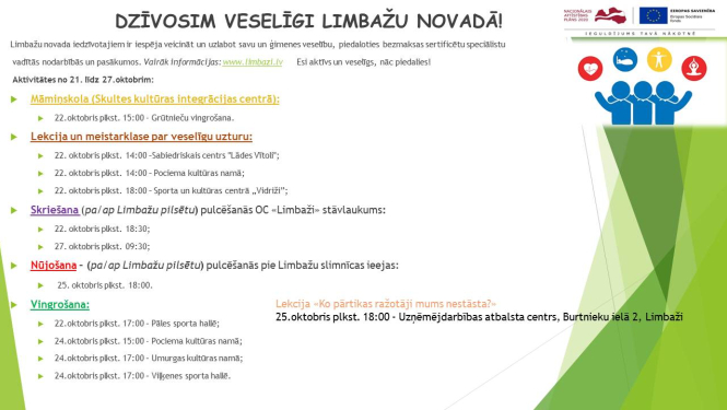 Aicinām šajā nedēļā apmeklēt veselību veicinošas aktivitātes Limbažu novadā