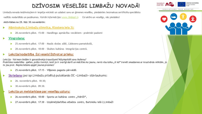 Aicinām šajā nedēļā apmeklēt veselību veicinošas aktivitātes Limbažu novadā