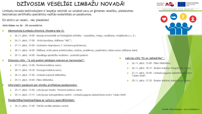 Aicinām šajā nedēļā apmeklēt veselību veicinošas aktivitātes Limbažu novadā