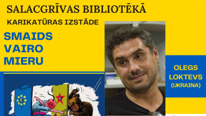 "Smaids vairo mieru" Salacgrīvas bibliotēkā karikatūras izstāde