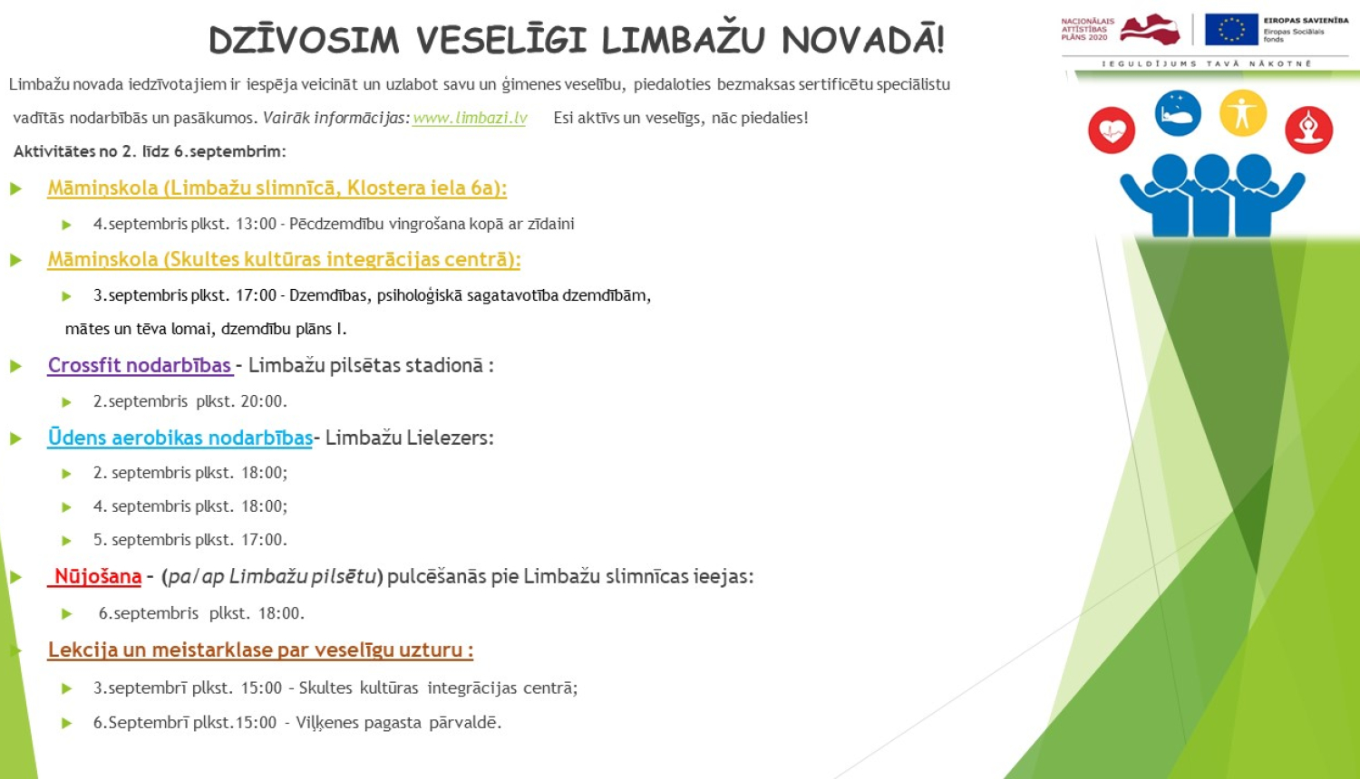 Aicinām šajā nedēļā apmeklēt veselību veicinošas aktivitātes Limbažu novadā