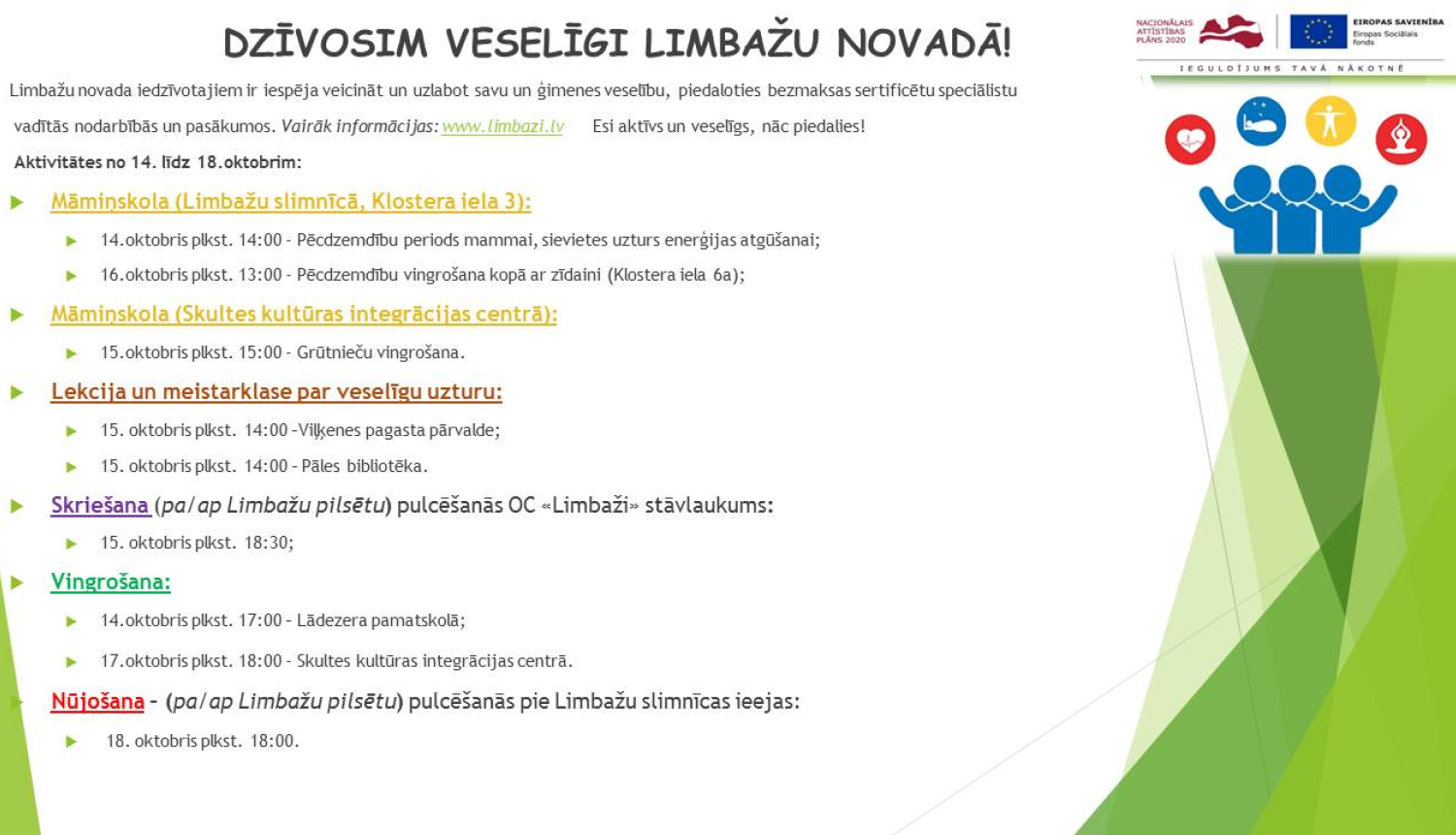 Aicinām šajā nedēļā apmeklēt veselību veicinošas aktivitātes Limbažu novadā