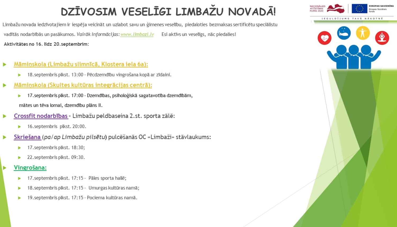 Aicinām šajā nedēļā apmeklēt veselību veicinošas aktivitātes Limbažu novadā
