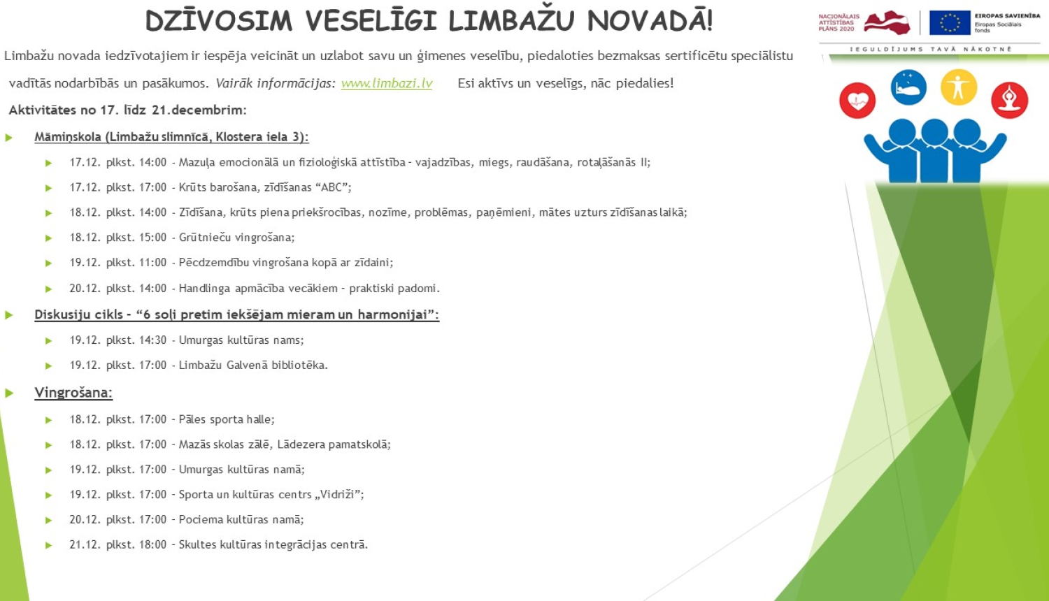 Aicinām šajā nedēļā apmeklēt veselību veicinošas aktivitātes Limbažu novadā