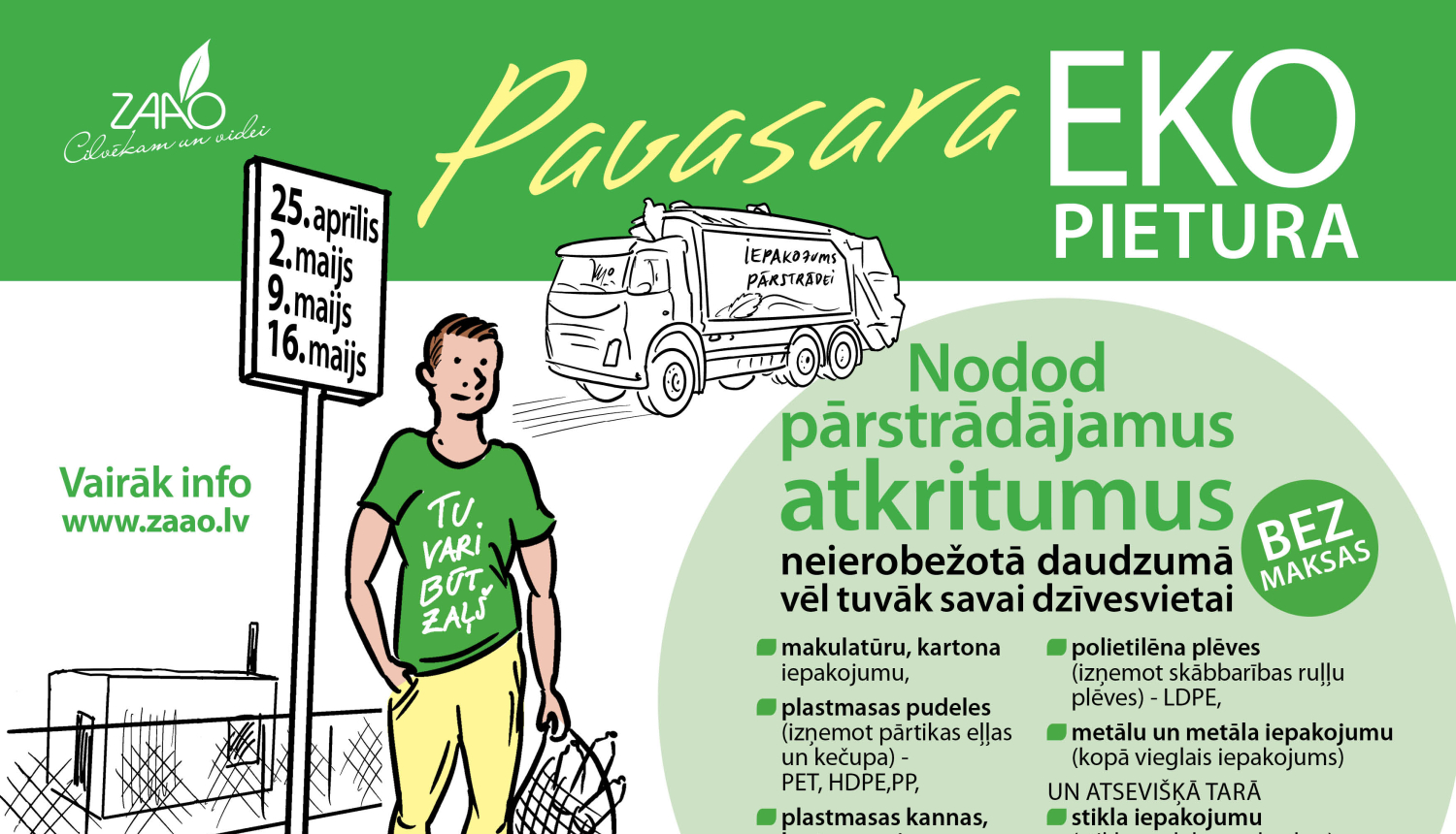 Pārstrādājamo atkritumu vākšanas akcija “Pavasara EKO pietura” pie Tavām mājām