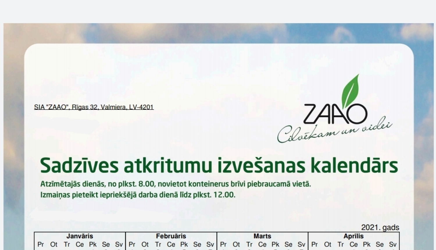 Sagatavoti 2021.gada pakalpojumu kalendāri un aprēķini