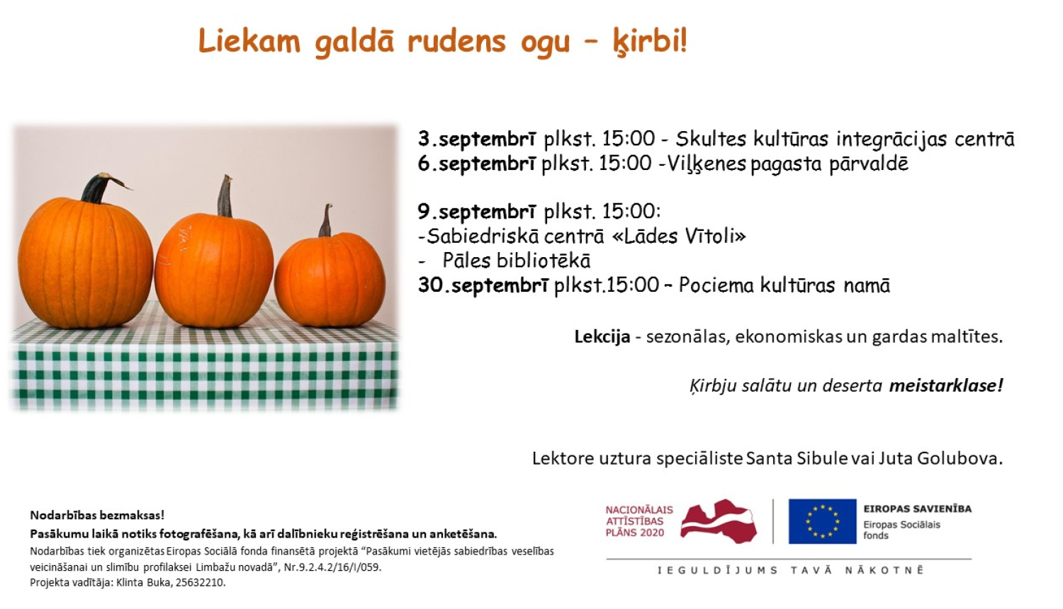 Lekcijas/meistarklases par veselīgu uzturu septembrī Limbažu novadā!