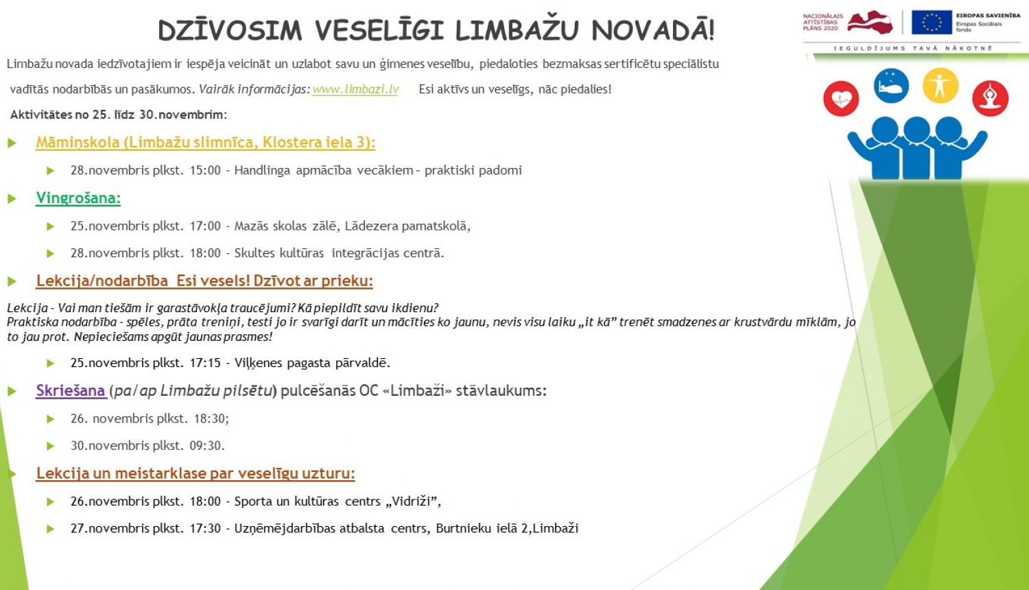 Aicinām šajā nedēļā apmeklēt veselību veicinošas aktivitātes Limbažu novadā