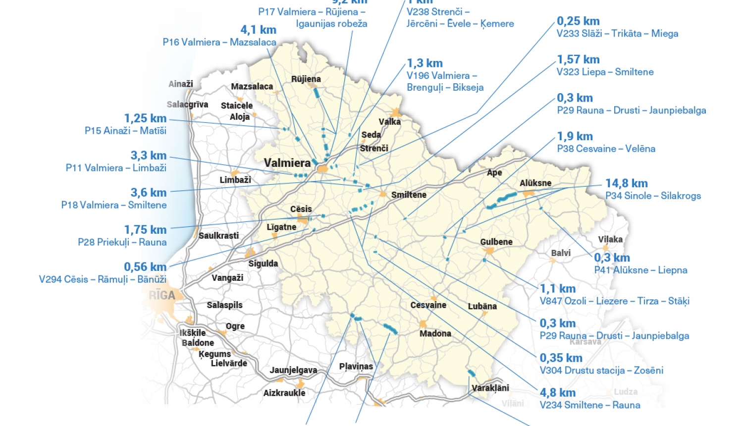 Vidzemes reģionā virsmas apstrāde plānota vairāk nekā 70 km garumā uz valsts autoceļiem ar sliktā tehniskā stāvoklī esošu segumu Vidzemes reģionā virsmas apstrāde plānota vairāk nekā 70 km garumā uz valsts autoceļiem ar sliktā tehniskā stāvoklī esošu segumu